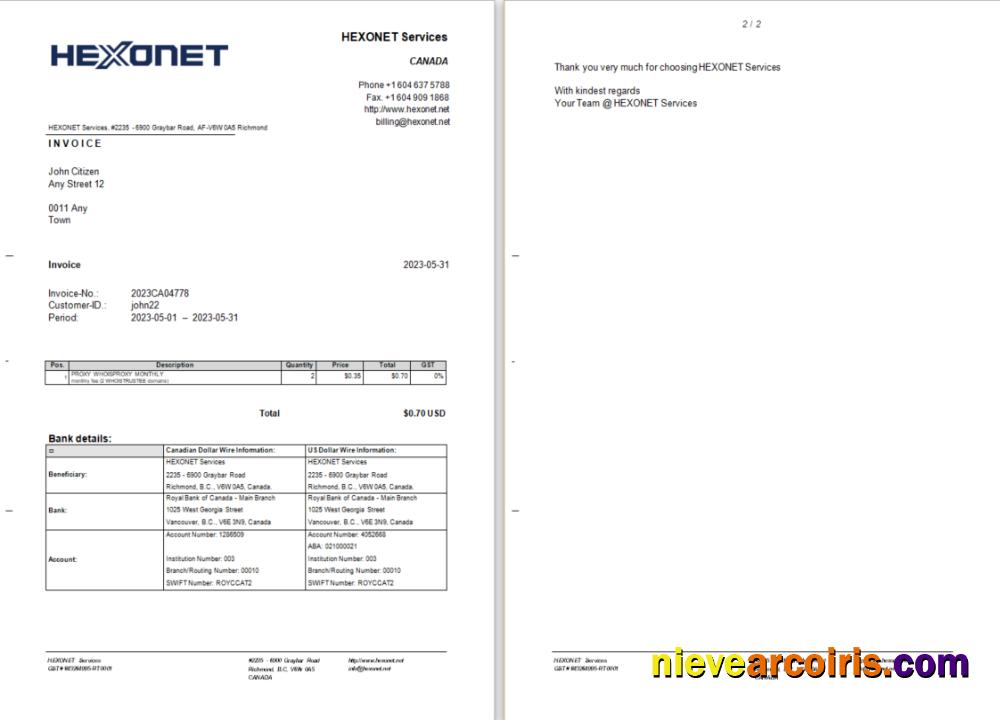 Canada Hexonet Services invoice